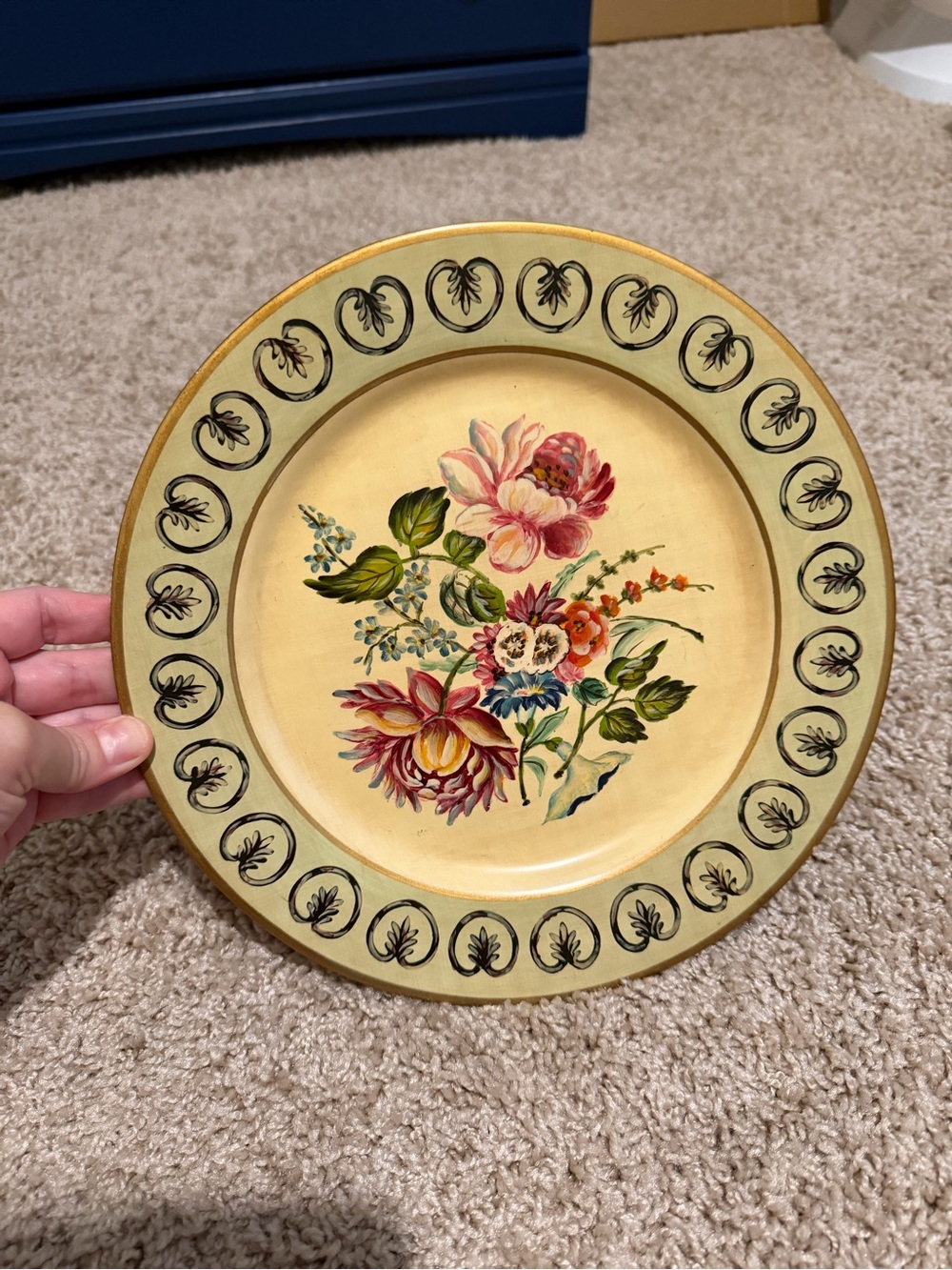 Hand-Painted Floral Decorative Plate in Yellow